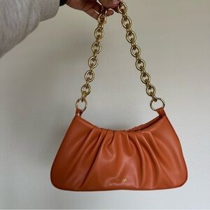 Women’s Small Orange Shoulder Bag, Leather Purse, Gold Chain Evening Clutch